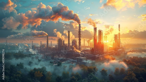 Industrial factory with chimneys releasing smoke at sunrise, surrounded by misty landscape, highlighting pollution and environmental impact. photo