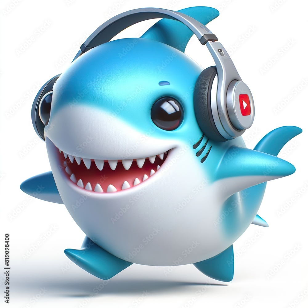 cute 3D funny cartoon Shark with small wireless headphone on head smiling and dancing, white background cute 3D funny cartoon Shark with small wireless headphone on head smiling and dancing, white background