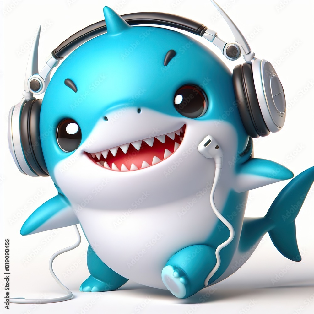 cute 3D funny cartoon Shark with small wireless headphone on head smiling and dancing, white background cute 3D funny cartoon Shark with small wireless headphone on head smiling and dancing, white background