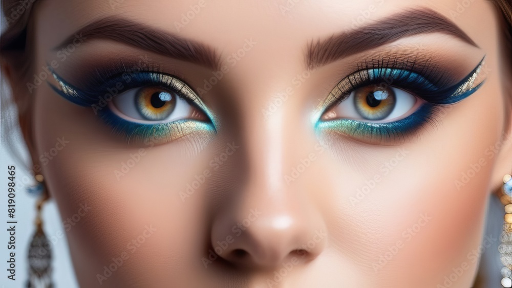 Naklejka premium An extreme close-up of a woman's eyes with dramatic makeup, featuring bold eyeliner and gold eyeshadow. The image emphasizes her striking, captivating gaze and artistic makeup application