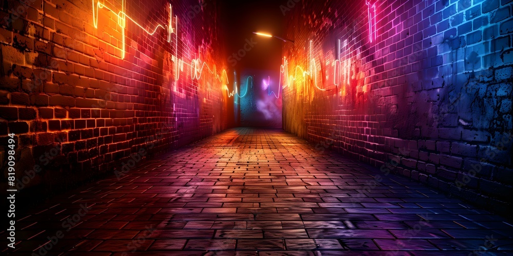 D Rendering of a Dark Night Street with Neon Lights and Textured Brick Walls. Concept Night Photography, Neon Lights, Textured Walls, Urban Landscape, 3D Rendering,