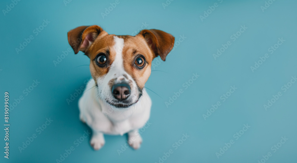 Portrait of a Jack Russell puppy
close up on blue background