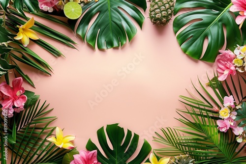Tropical Flowers and Leaves on Pink Background