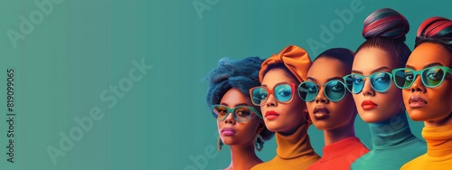 Group of Women Wearing Colorful Glasses Against Blue Background
