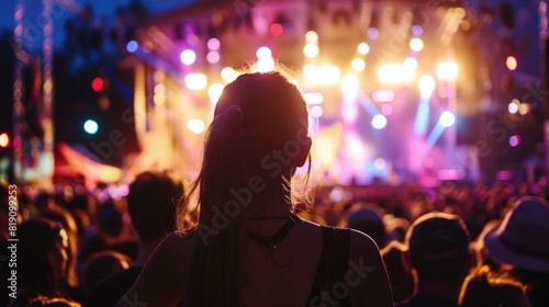 Girl in the crowd at the festival in front of the stage