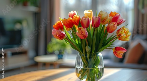 Colorful Tulips in a Vase on a Table