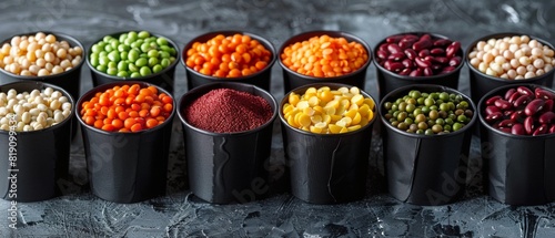 Assorted Beans and Peas in Black Cups