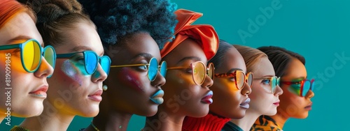 Group of Women Wearing Colorful Glasses Against Blue Background