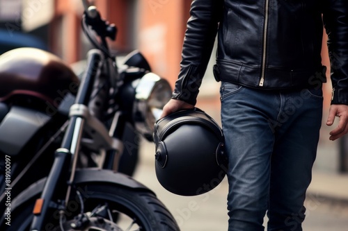 Unrecognizable motorcyclist carries his motorcycle helmet in one hand. In the background is his parked motorcycle