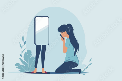 Depressed Young Woman Standing Near Mobile Phone, Experiencing Cyber Bullying, Negative Comments, and Hate on Social Media