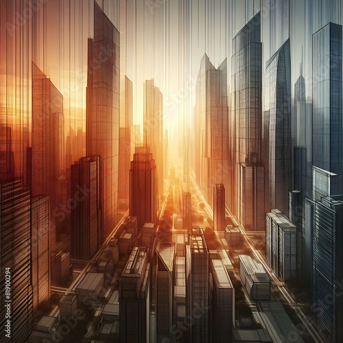 Skyscrapers background at sunset or sunrise  geometric pattern of towers  perspective graphic painting of buildings - Architectural illustration for financial  corporate and business brochure template