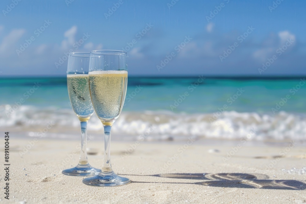 Glasses of champagne on the beach