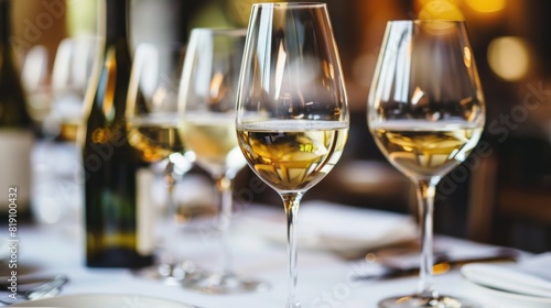 Glasses of white wine served on table in restaurant
