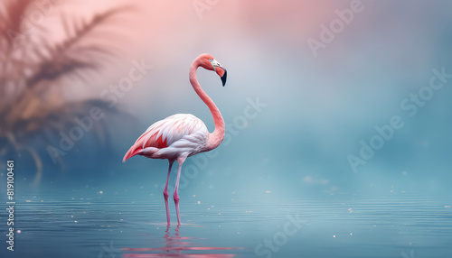 Pink flamingo on blue sky and river