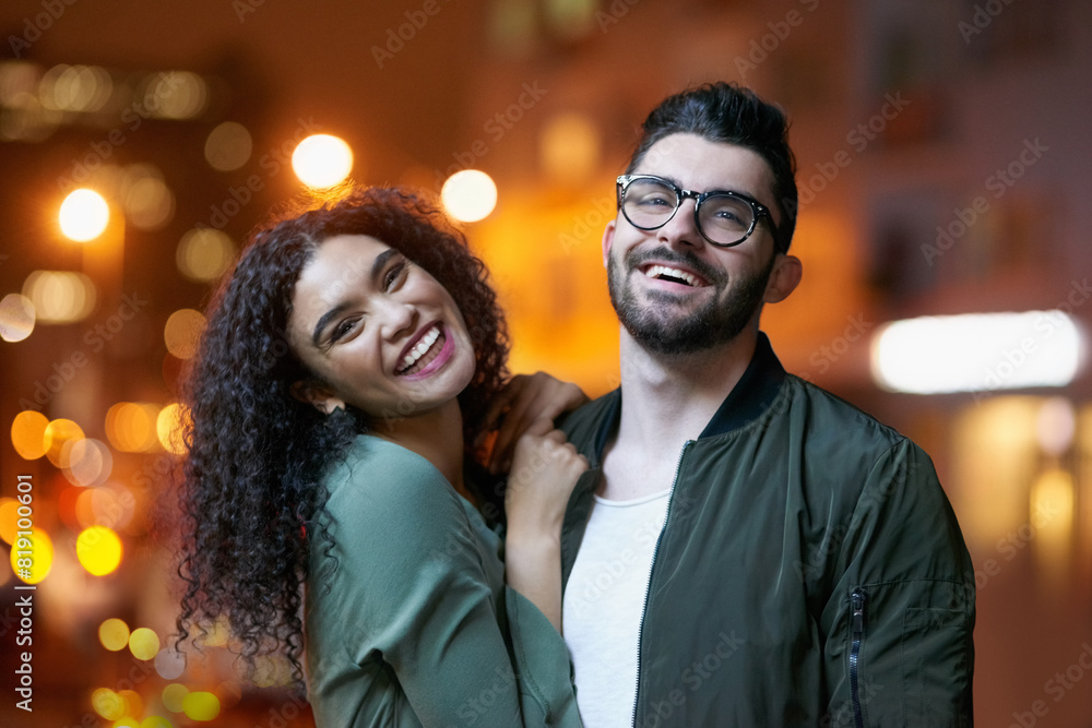 Happy, couple and laugh on date, night in relationship as partners in romantic, love and together. Woman, man and embrace in outdoor with commitment, support and care with bonding with bokeh in Paris Happy, couple and laugh on date, night in relationship as partners in romantic, love and together. Woman, man and embrace in outdoor with commitment, support and care with bonding with bokeh in Paris