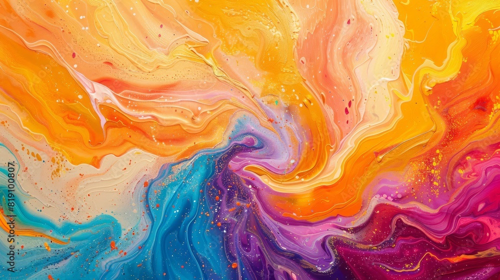 A vibrant abstract painting showcasing swirling patterns and bold colors reminiscent of summer's vibrant energy and optimism, ideal for wall art and design projects seeking a modern and uplifting touc A vibrant abstract painting showcasing swirling patterns and bold colors reminiscent of summer's vibrant energy and optimism, ideal for wall art and design projects seeking a modern and uplifting touc