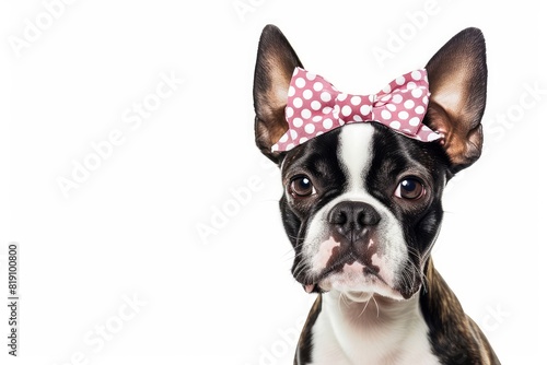 Boston Terrier with a Polka Dot Bow  A spunky Boston Terrier showcasing its personality with a polka dot bow perched atop its head  radiating playful energy. photo on white isolated background