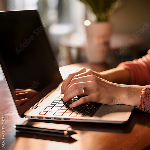 Womans hands weiting on laptop in the cafe photo