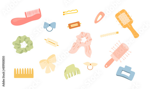 Hair accessories collection. Scrunchies, elastic bands and hair clips, hair ties. Trendy set of hair grip isolated on white background. Vector illustration in flat style. photo