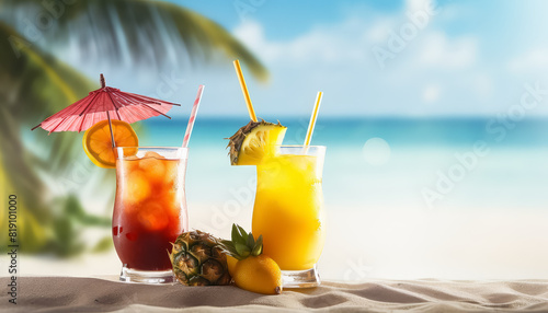 Cocktail glasses with alcohol and berries on the beach