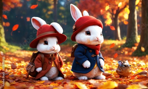 A pair of cute little bunnies wear a long coat, Illustration AI Generative.