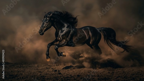 Powerful Black Horse Galloping Through Dusty Terrain