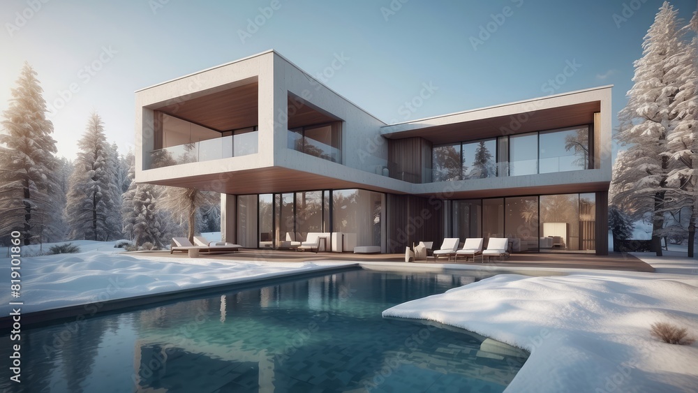 Fototapeta premium Architecture modern house villa with swimming pool in winter, 3D building design illustration