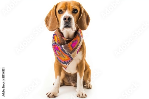 Beagle with a Bandana  A Beagle wearing a colorful bandana around its neck  sitting alertly with a curious expression. photo on white isolated background 