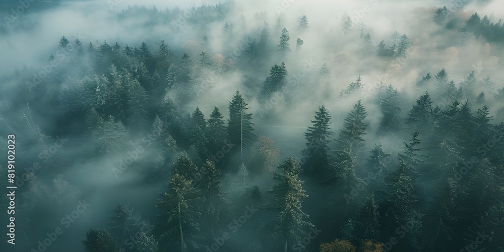Portray the surreal elegance of a fog-blanketed forest from a bird's-eye view, where mist swirls around the treetops, enveloping the landscape in a peaceful and enchanting atmosphere Portray the surreal elegance of a fog-blanketed forest from a bird's-eye view, where mist swirls around the treetops, enveloping the landscape in a peaceful and enchanting atmosphere