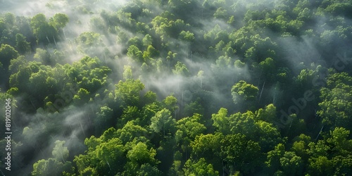Capture the mystical beauty of a forest veiled in mist from an aerial perspective  with wisps of fog drifting through the trees  creating a tranquil and dreamlike scene