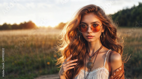  A boho girl with long red hair and sunglasses stands in a field during sunset
