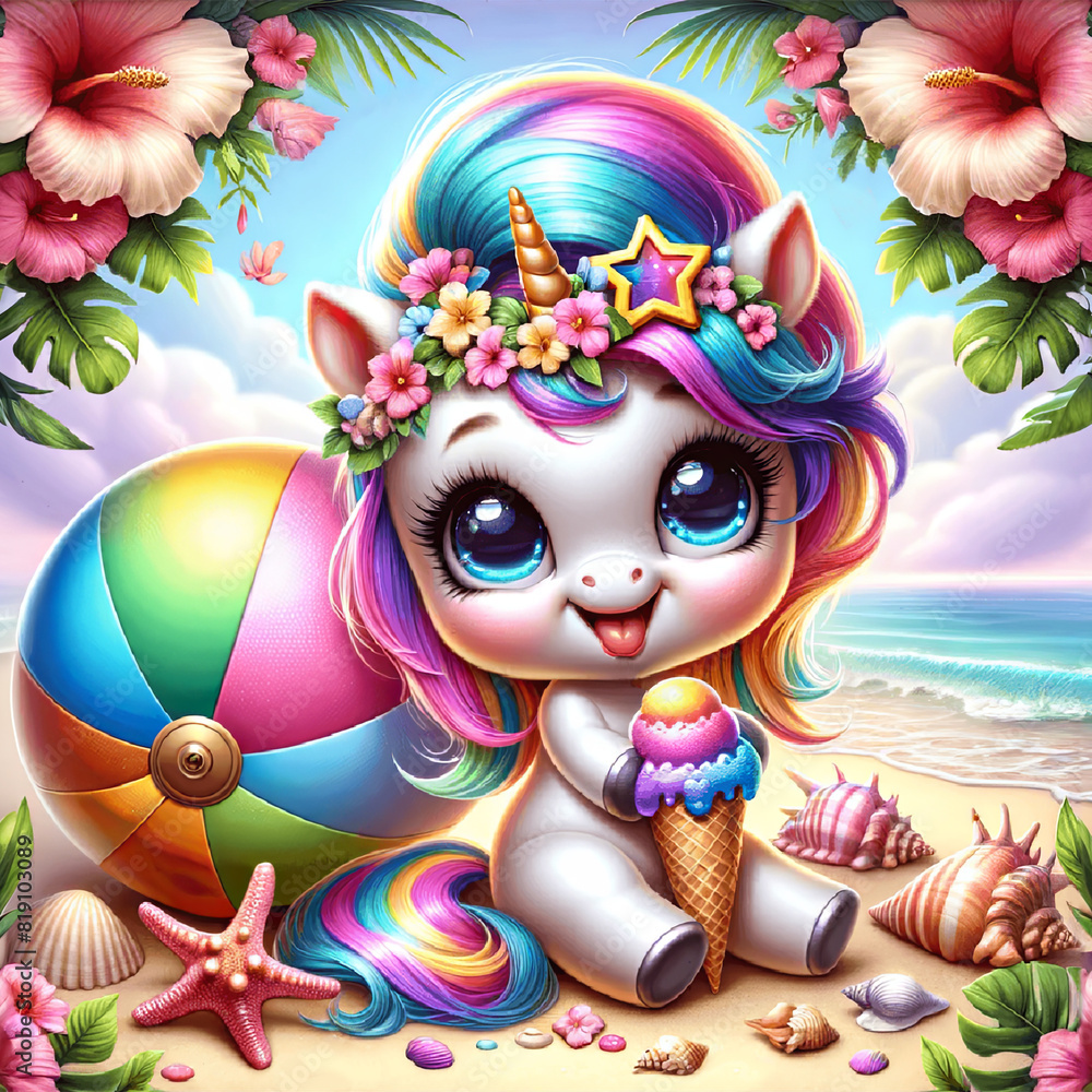 Cute unicorn with rainbow mane and floral crown holding an ice cream cone on a tropical beach with a beach ball. Cute unicorn with rainbow mane and floral crown holding an ice cream cone on a tropical beach with a beach ball.