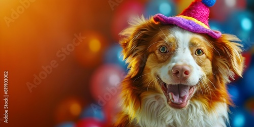 A comical dog wearing a clown hat entertains with a big smile. Concept Dog, Clown Hat, Comical, Entertain, Big Smile