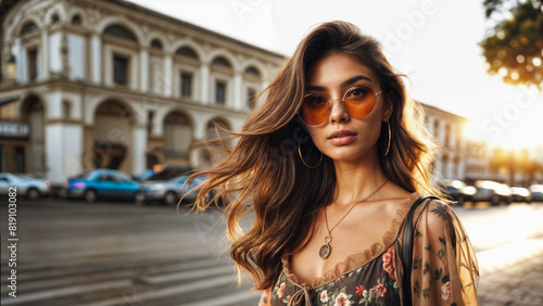  A woman with long hair and sunglasses stands on a city street