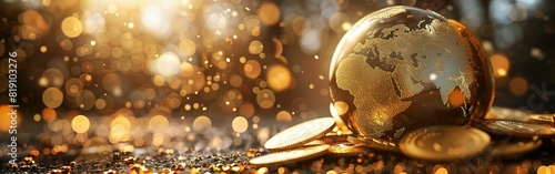 golden earth globe alongside gold coins, symbolizing business success, economic wealth, banking excess, international finance growth, and the dominance of money in global affairs