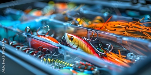 Organized Fishing Tackle Box with Colorful Lures and Accessories. Concept Fishing Tackle Organization, Colorful Lures, Tackle Box Accessories photo