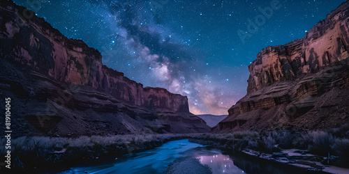 Grand canyon with starry night sky. rock tourism Fantasy landscape with a river and milky way at night illustrate.