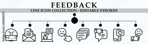 Feedback line icon collection. Containing icons of cyber bullying, mail, online help, comments, bad feedback and more. Linear icon collection. Editable stroke. Vector illustratio