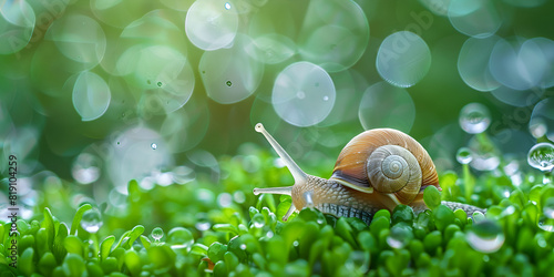 Beautiful lovely snail in grass with morning dew macro soft focus Grass and clover leaves in droplets of water in spring summer nature.