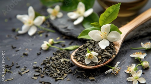 Green tea with jasmine. Green tea leaves in a wooden spoon and jasmine flowers.