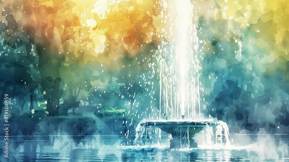 Close up of a clipart featuring a watercolor fountain Close up of a clipart featuring a watercolor fountain