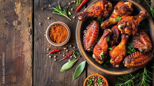 Grilled chicken wings and spices on a wooden table