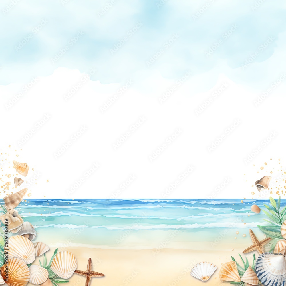 Create a watercolor painting of a beach scene. Include a sandy beach, blue ocean, and a variety of seashells in the foreground. Create a watercolor painting of a beach scene. Include a sandy beach, blue ocean, and a variety of seashells in the foreground.