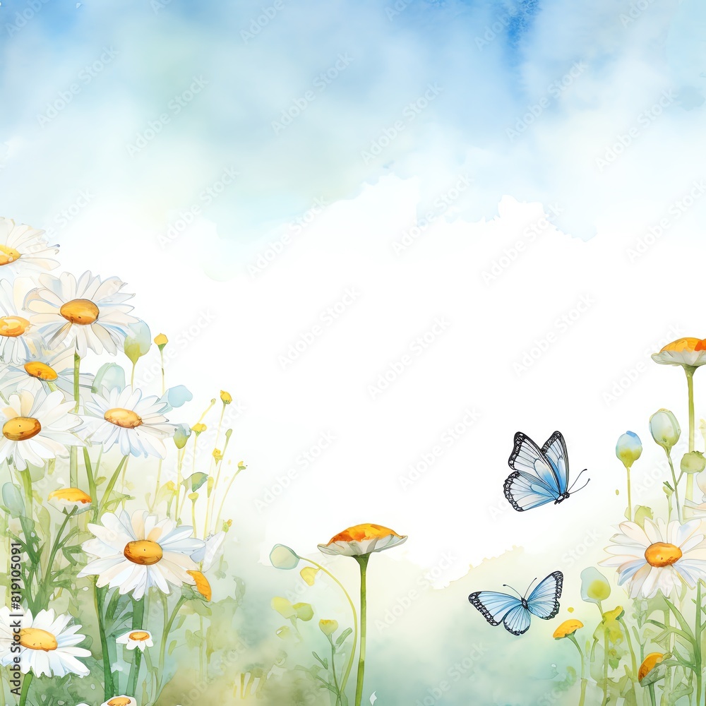 A watercolor painting of a field of daisies with two blue butterflies