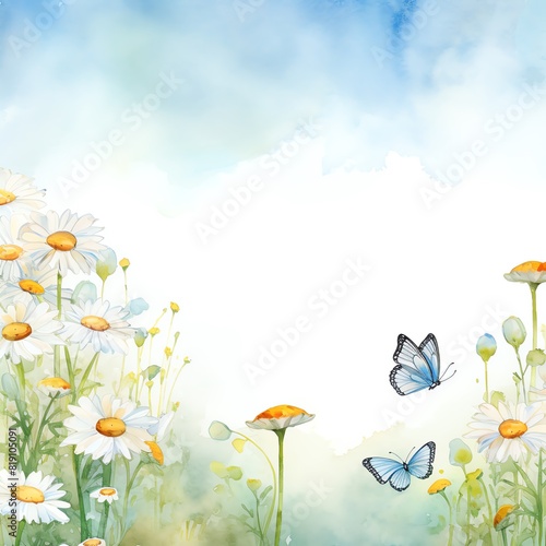 A watercolor painting of a field of daisies with two blue butterflies
