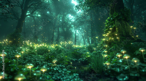 Dark mystical forest with glowing emerald mushrooms.