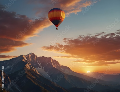 Hot air balloon above high mountain at sunset, filtered background © Aoun