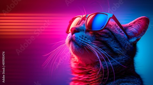 Cool cat wearing sunglasses in vibrant neon lights, capturing a modern and stylish vibe. Perfect for trendy and creative concepts.