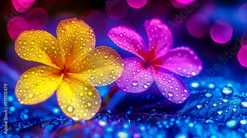 Colorful flowers with morning dew  showcasing vibrant purple and yellow petals on a blue background with bokeh effect.