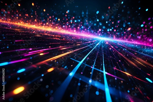Futuristic data technology background. with neon lights and glowing orbs